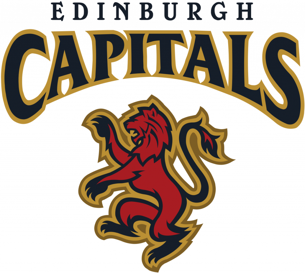 Edinburgh Capitals in black writing with gold outline and read lion underneath with gold outline