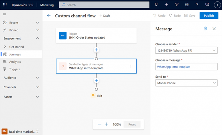 a secreenshot of how to add a custom channel in a customer journey in Dynamics365 Marketing