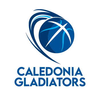 Caledonia Gladiators logo in blue writing with a basketball