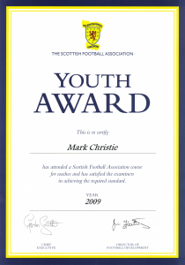 Mark Christie's youth award football coach certificate